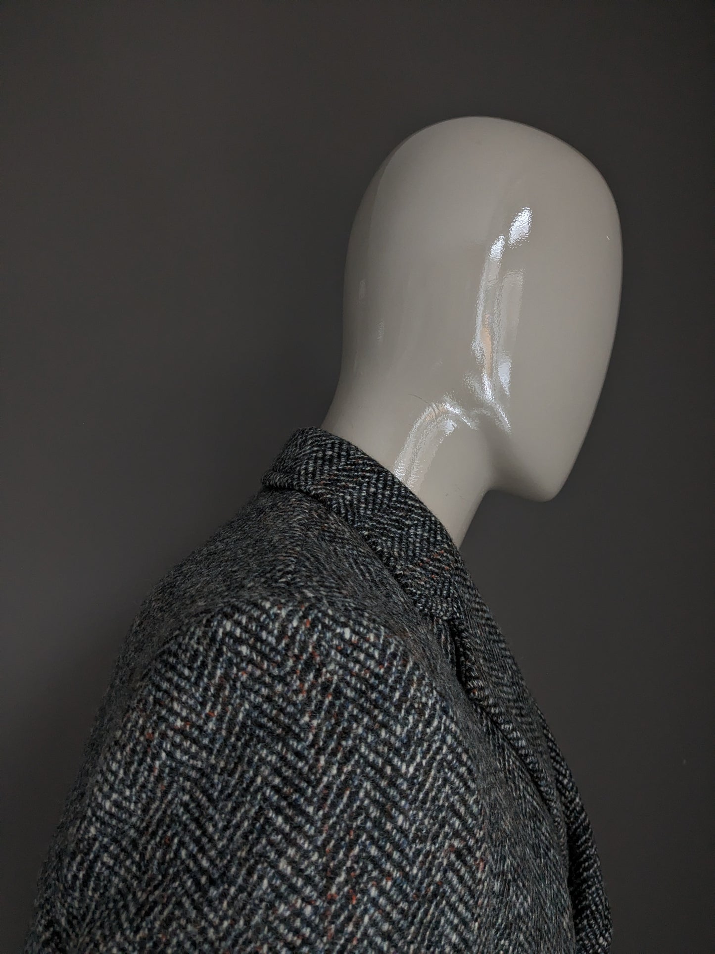 Dunn & Co 100% Wollen jas / mantel. Zwart Wit Gekleurd visgraat motief. Maat 52 / L.