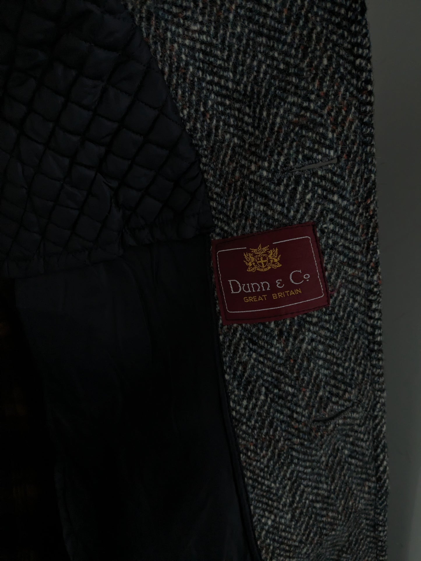 Dunn & Co 100% Wollen jas / mantel. Zwart Wit Gekleurd visgraat motief. Maat 52 / L.