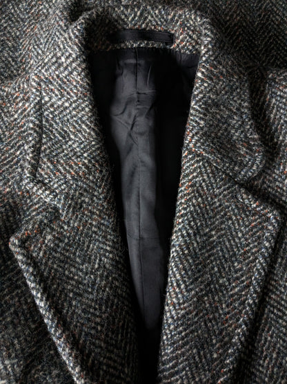 Dunn & Co 100% Wollen jas / mantel. Zwart Wit Gekleurd visgraat motief. Maat 52 / L.
