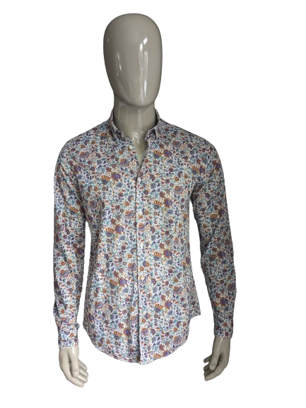 Zara Man overhemd. Paars Blauw Oranje Bloemen print. Maat M. Slim Fit.