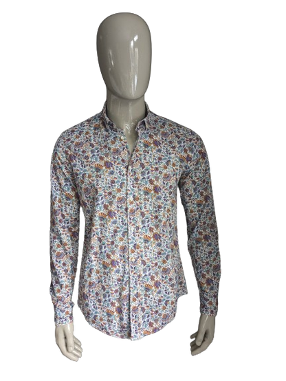 Zara Man overhemd. Paars Blauw Oranje Bloemen print. Maat M. Slim Fit.