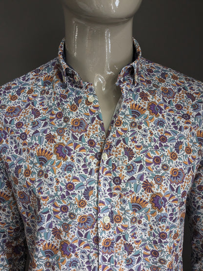 Zara Man overhemd. Paars Blauw Oranje Bloemen print. Maat M. Slim Fit.