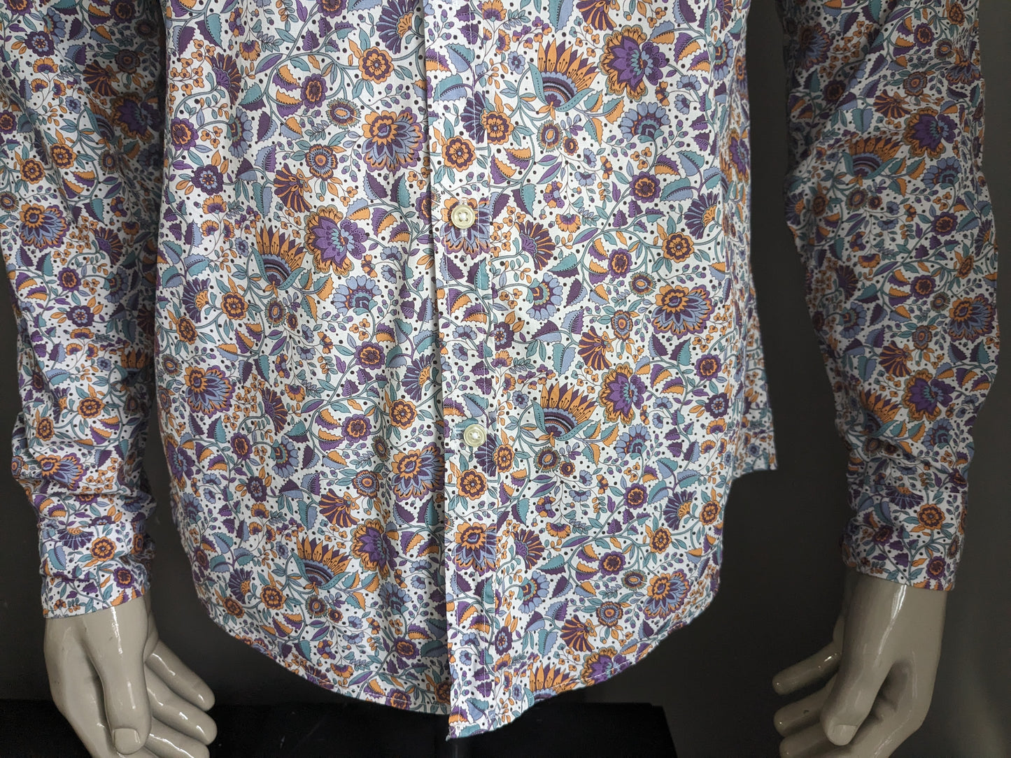 Zara Man overhemd. Paars Blauw Oranje Bloemen print. Maat M. Slim Fit.