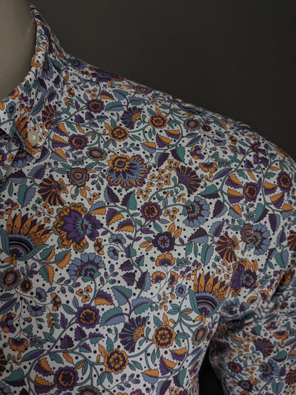Zara Man overhemd. Paars Blauw Oranje Bloemen print. Maat M. Slim Fit.