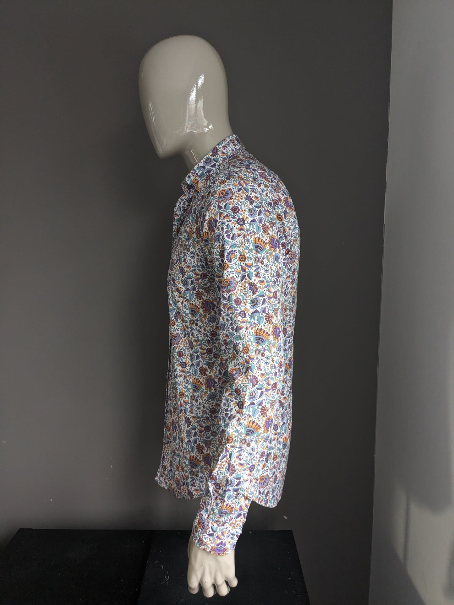 Zara Man overhemd. Paars Blauw Oranje Bloemen print. Maat M. Slim Fit.