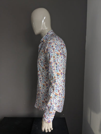 Zara Man overhemd. Paars Blauw Oranje Bloemen print. Maat M. Slim Fit.
