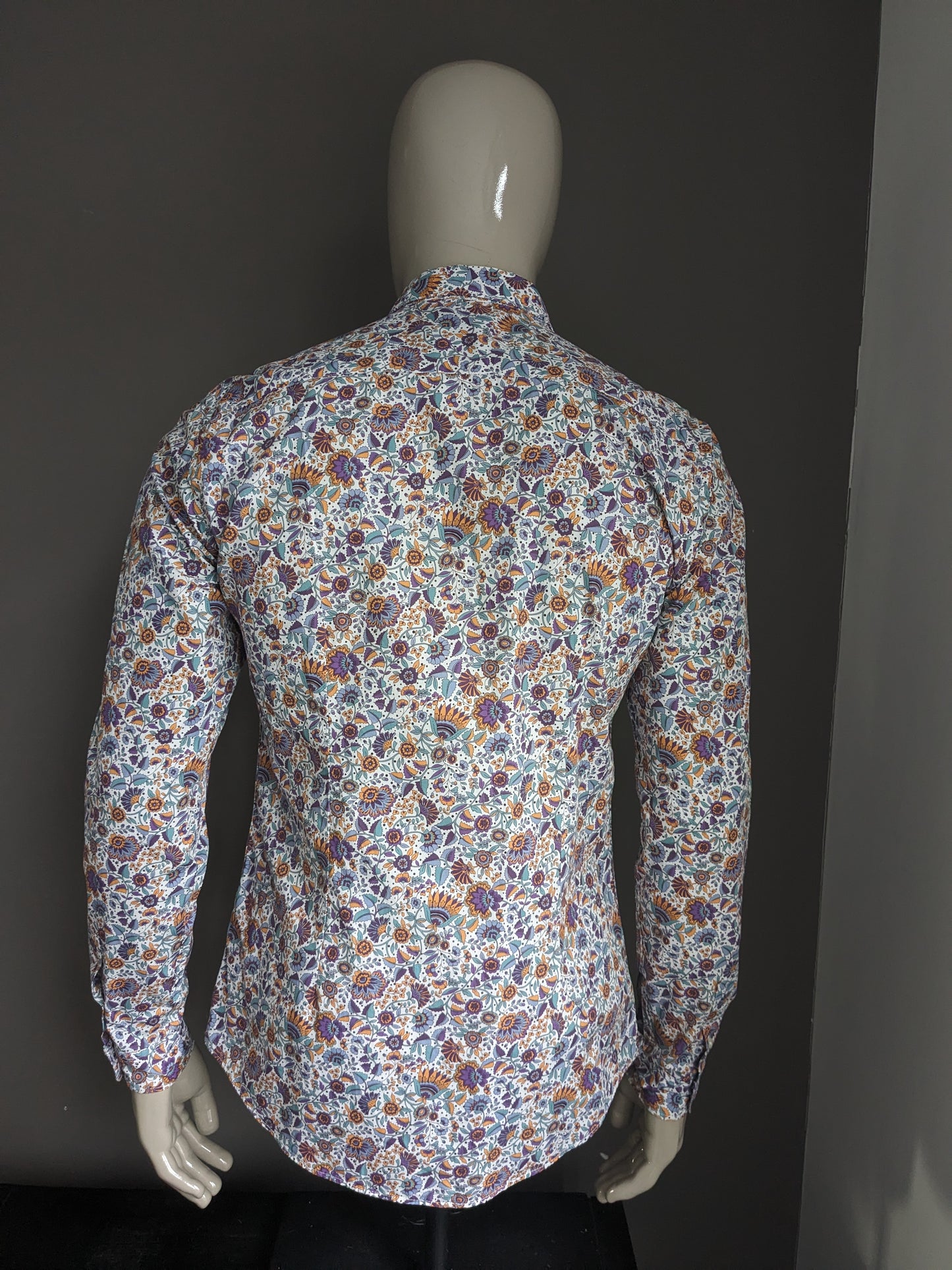 Zara Man overhemd. Paars Blauw Oranje Bloemen print. Maat M. Slim Fit.