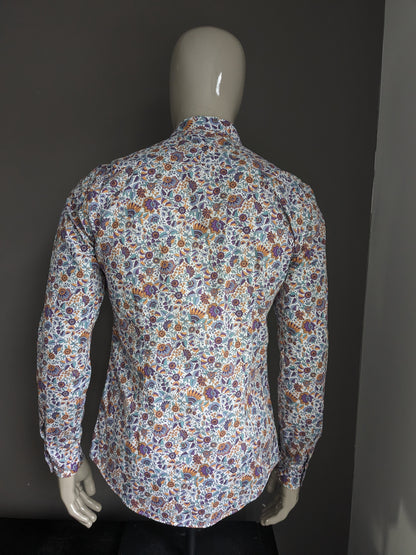 Zara Man overhemd. Paars Blauw Oranje Bloemen print. Maat M. Slim Fit.
