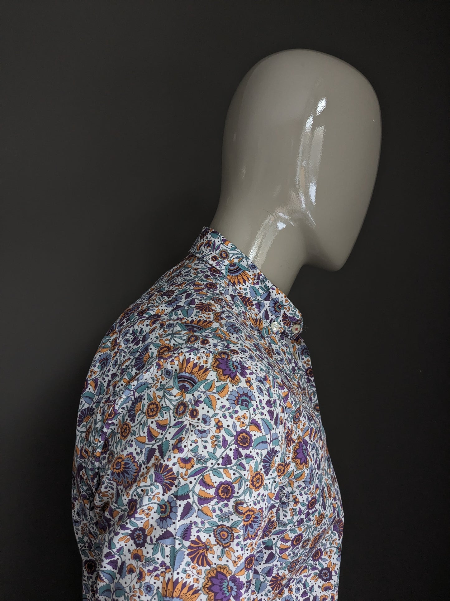 Zara Man overhemd. Paars Blauw Oranje Bloemen print. Maat M. Slim Fit.