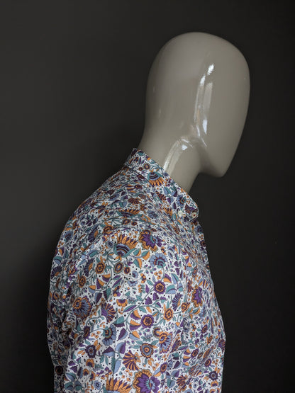 Zara Man overhemd. Paars Blauw Oranje Bloemen print. Maat M. Slim Fit.