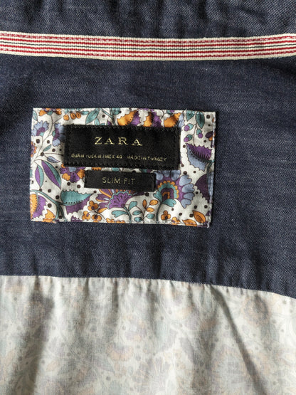 Zara Man overhemd. Paars Blauw Oranje Bloemen print. Maat M. Slim Fit.