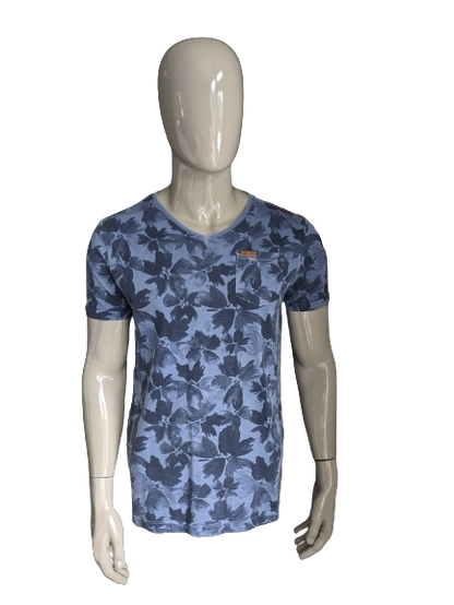 PME Legend shirt met V-Hals. Blauw bloemen print. Maat L.