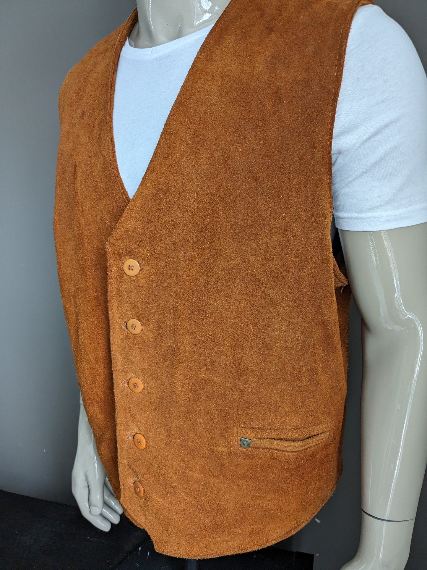 Gilet double face en cuir épais/daim camel.  Qualité lourde. Marron avec poche intérieure. Taille XXL/2XL.