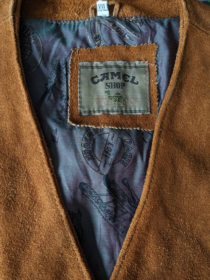 Gilet double face en cuir épais/daim camel.  Qualité lourde. Marron avec poche intérieure. Taille XXL/2XL.