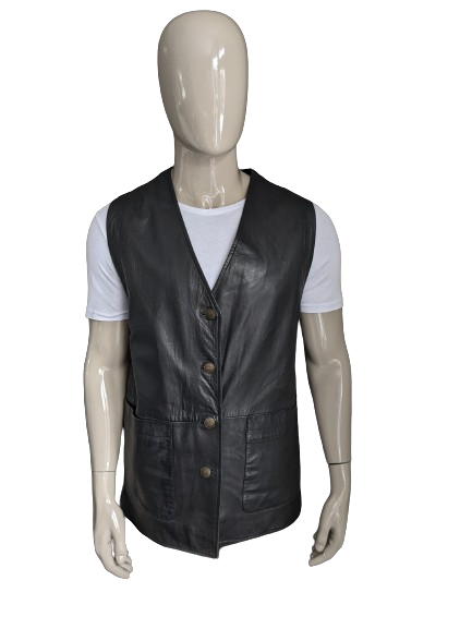 Mid-length double-sided leather waistcoat with beautiful buttons. Dark brown. Size L.