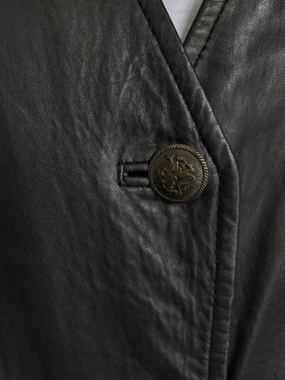 Mid-length double-sided leather waistcoat with beautiful buttons. Dark brown. Size L.