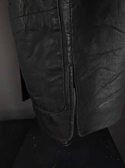 Mid-length double-sided leather waistcoat with beautiful buttons. Dark brown. Size L.
