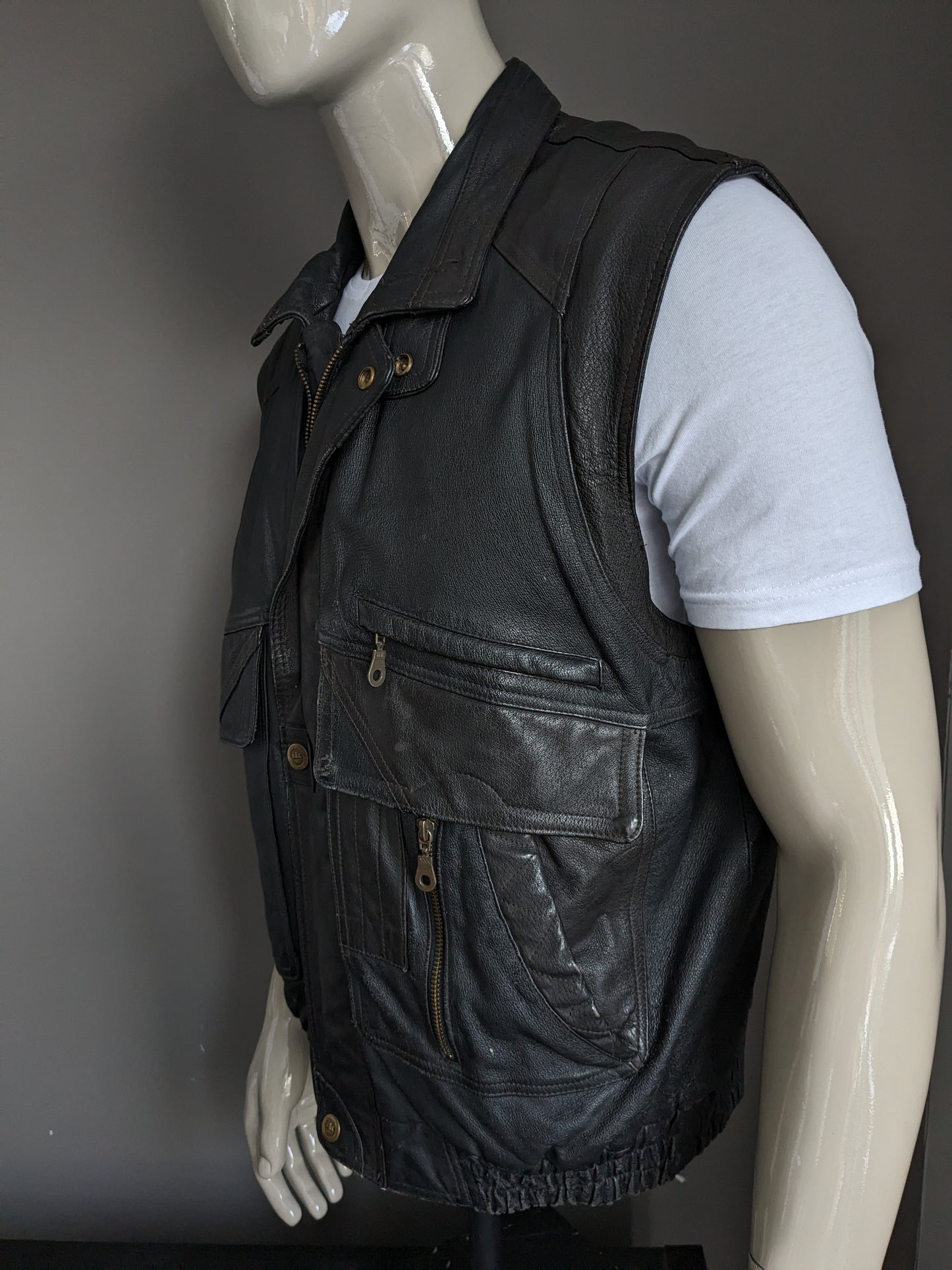 Henry Morrel in pelle vintage Walder / waistcoat con doppia chiusura. Nero. Dimensione XL / XXL.