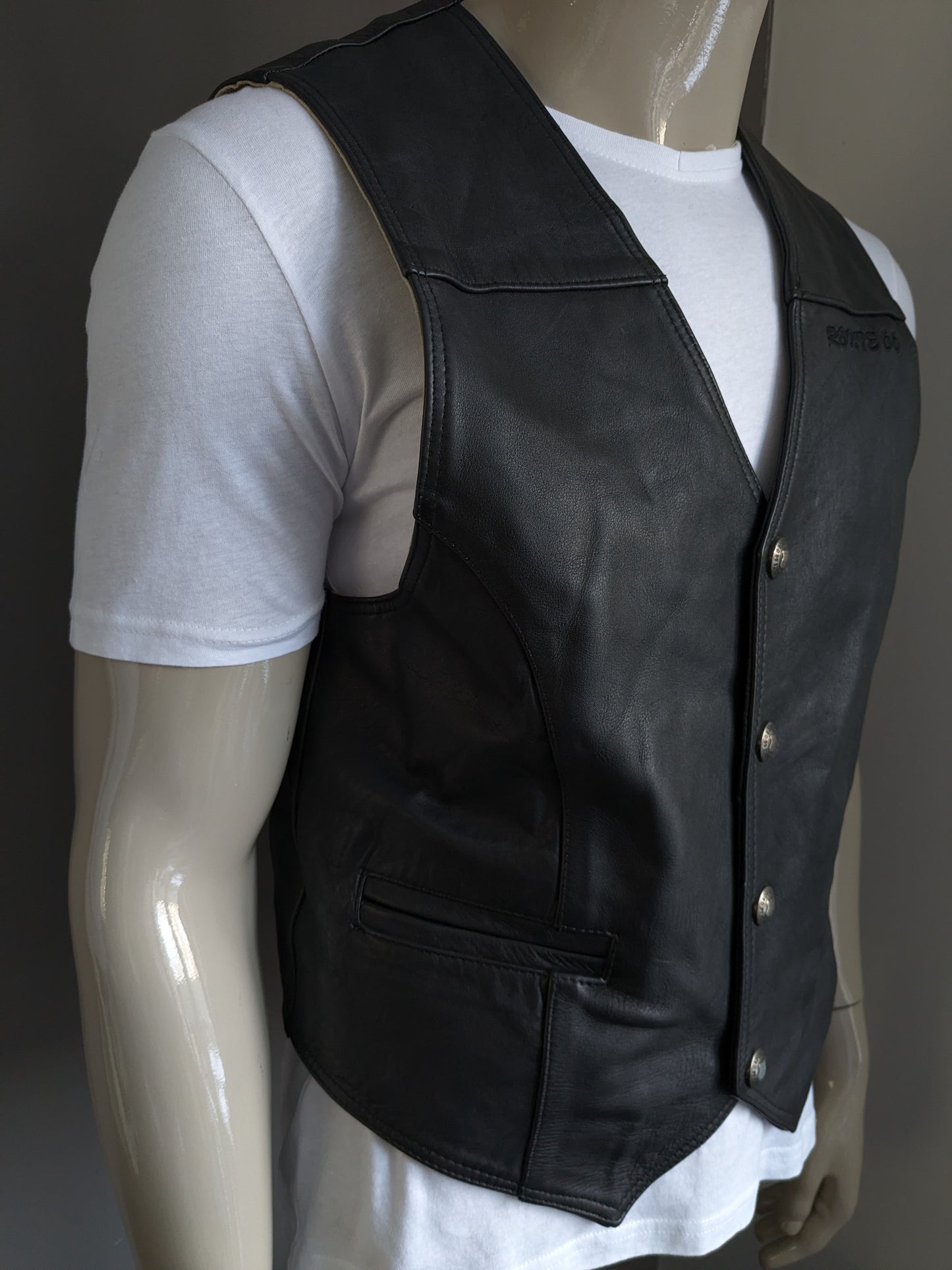 Origineel Route 66 dubbelzijdig leren gilet met drukknopen. Zwart. Maat M / L.