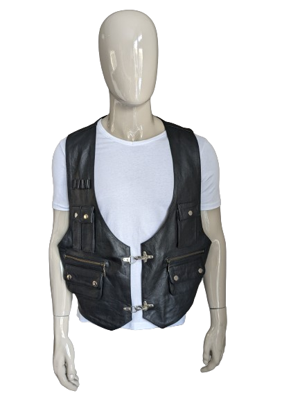 Vintage Mom Fashion dubbelzijdig leren gilet met veel zakken en gespen. Zwart. Maat XL.