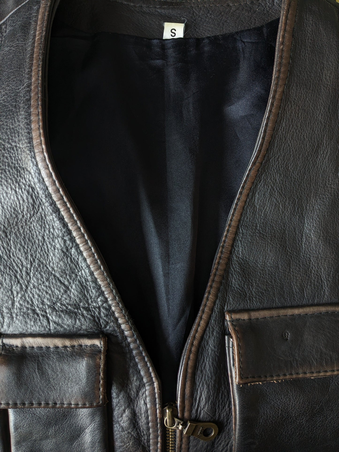Calentador de cuerpo de cuero de los años 90 vintage con muchas bolsas y 2 bolsillos internos. Marron oscuro. Tamaño S / M.
