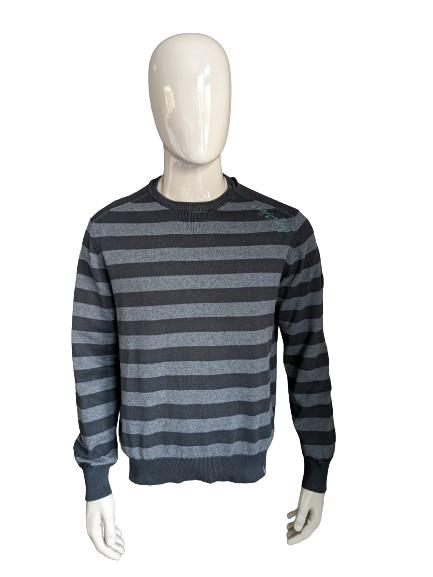 Manguun casual sweater with elbow patches. Black gray striped. Size XL.