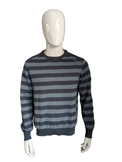 Manguun casual sweater with elbow patches. Black gray striped. Size XL.