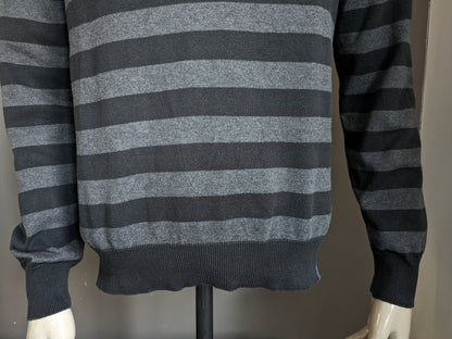Manguun casual sweater with elbow patches. Black gray striped. Size XL.
