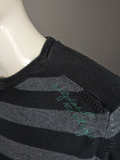 Manguun casual sweater with elbow patches. Black gray striped. Size XL.