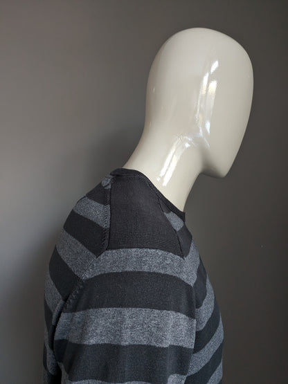Manguun casual sweater with elbow patches. Black gray striped. Size XL.