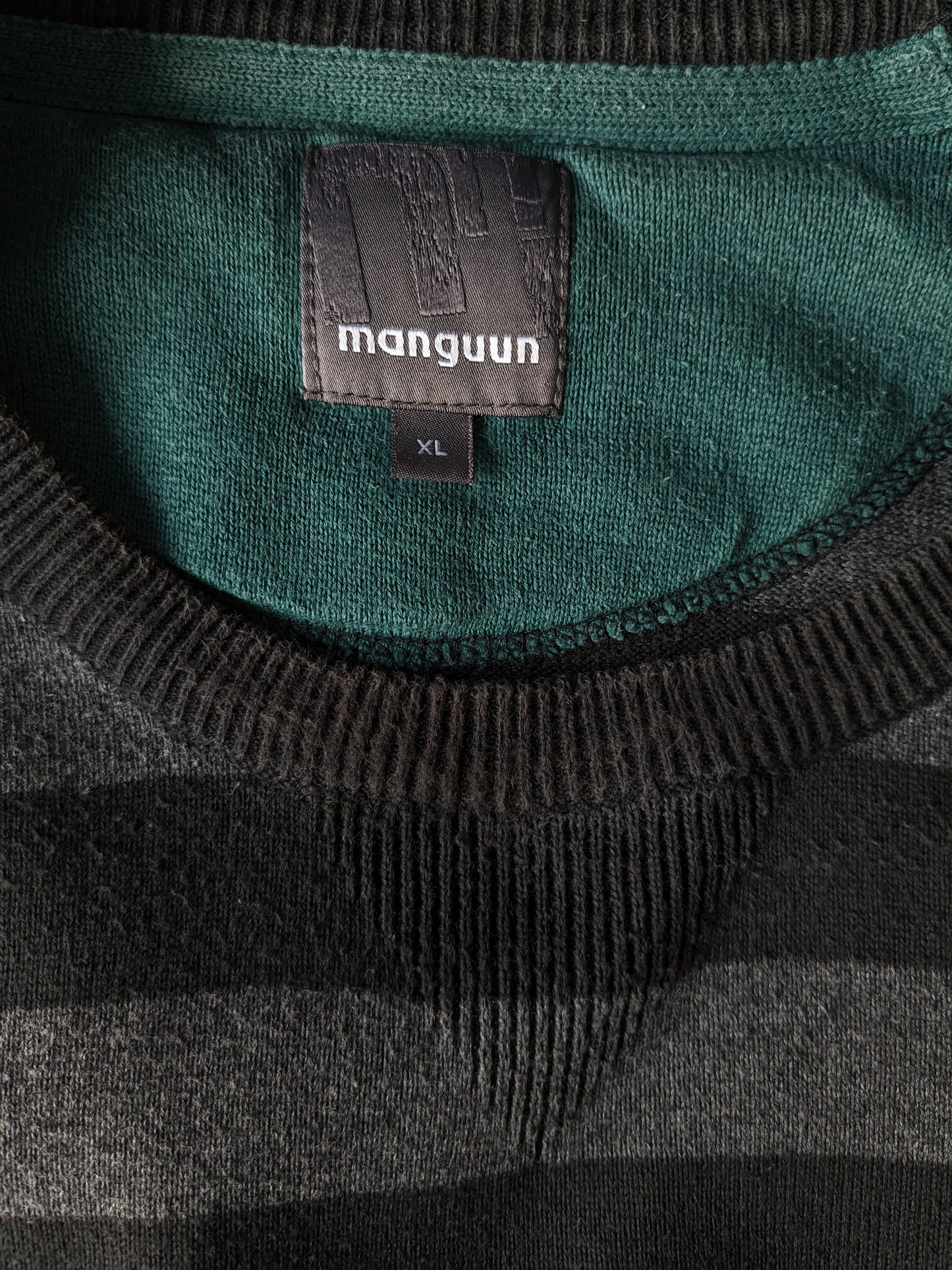 Manguun casual sweater with elbow patches. Black gray striped. Size XL.