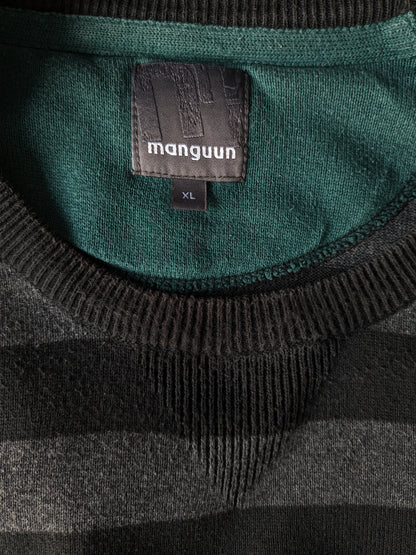 Manguun casual sweater with elbow patches. Black gray striped. Size XL.