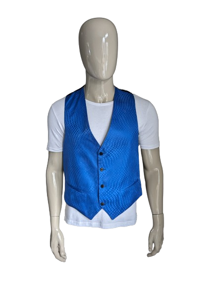 Vintage Angelo Litrico Zijden gilet. Blauw Glanzend motief. Maat L.