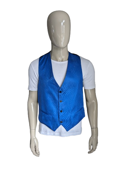 Vintage Angelo Litrico Zijden gilet. Blauw Glanzend motief. Maat L.