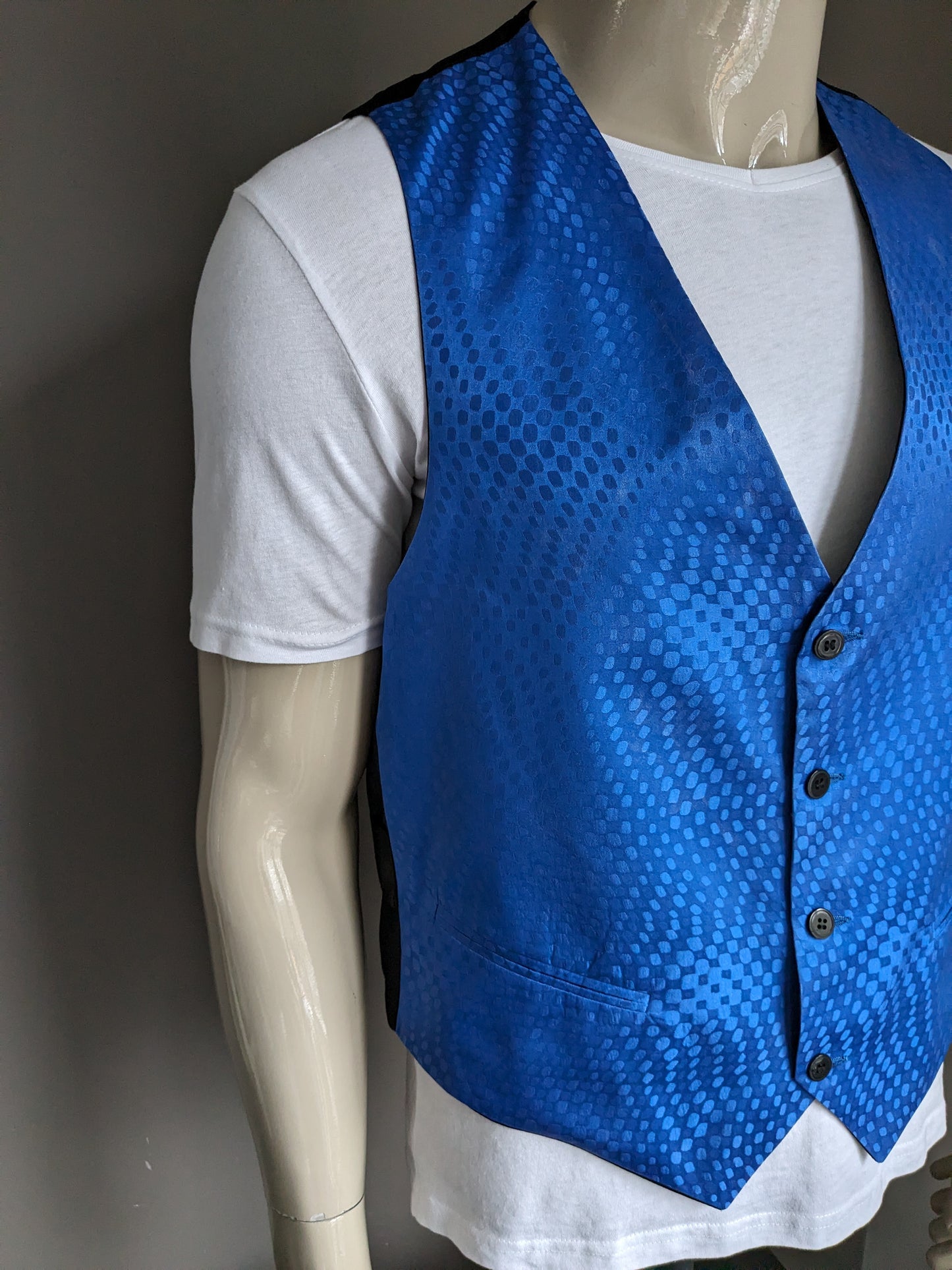 Vintage Angelo Litrico Zijden gilet. Blauw Glanzend motief. Maat L.