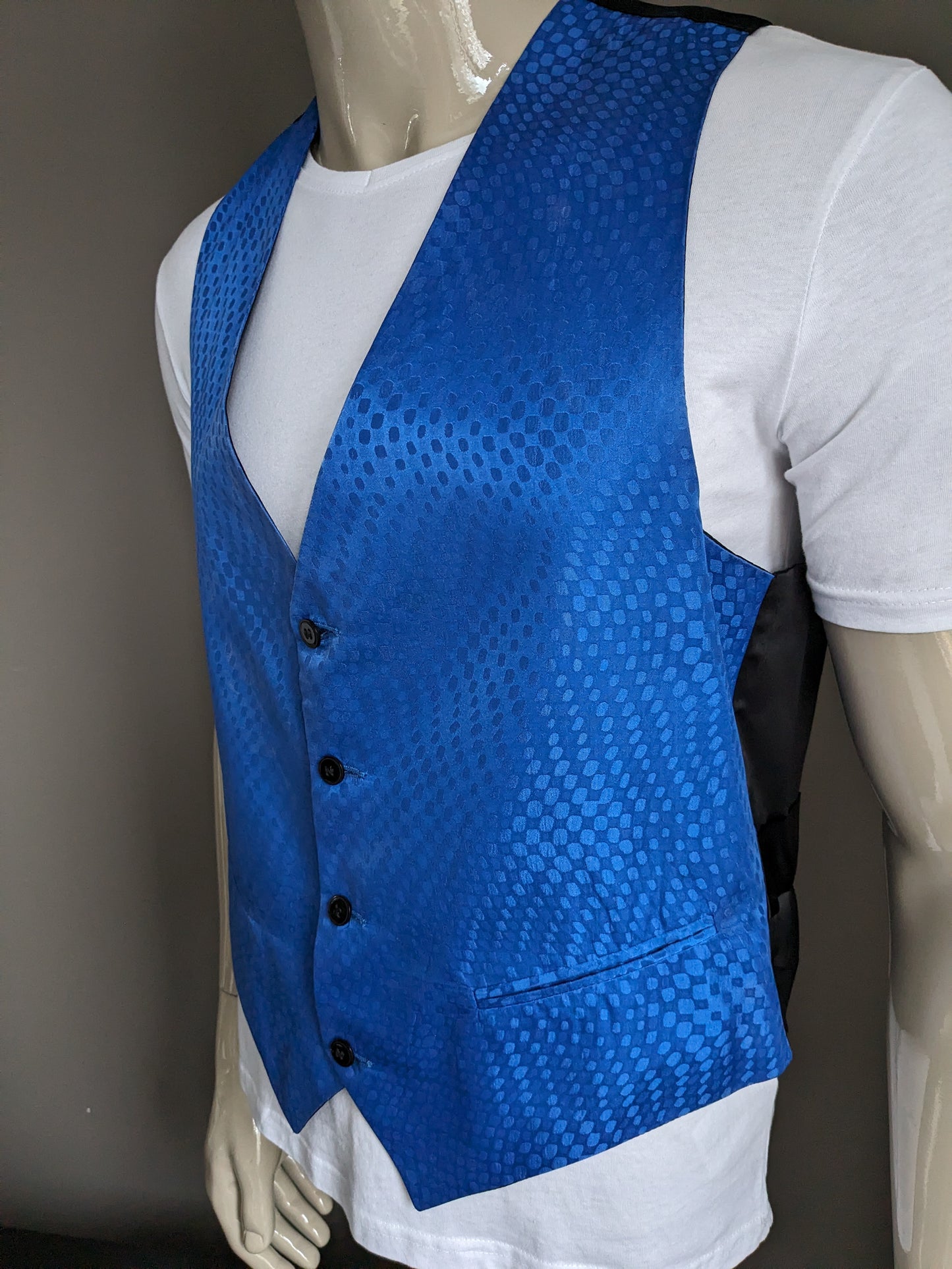 Vintage Angelo Litrico Zijden gilet. Blauw Glanzend motief. Maat L.