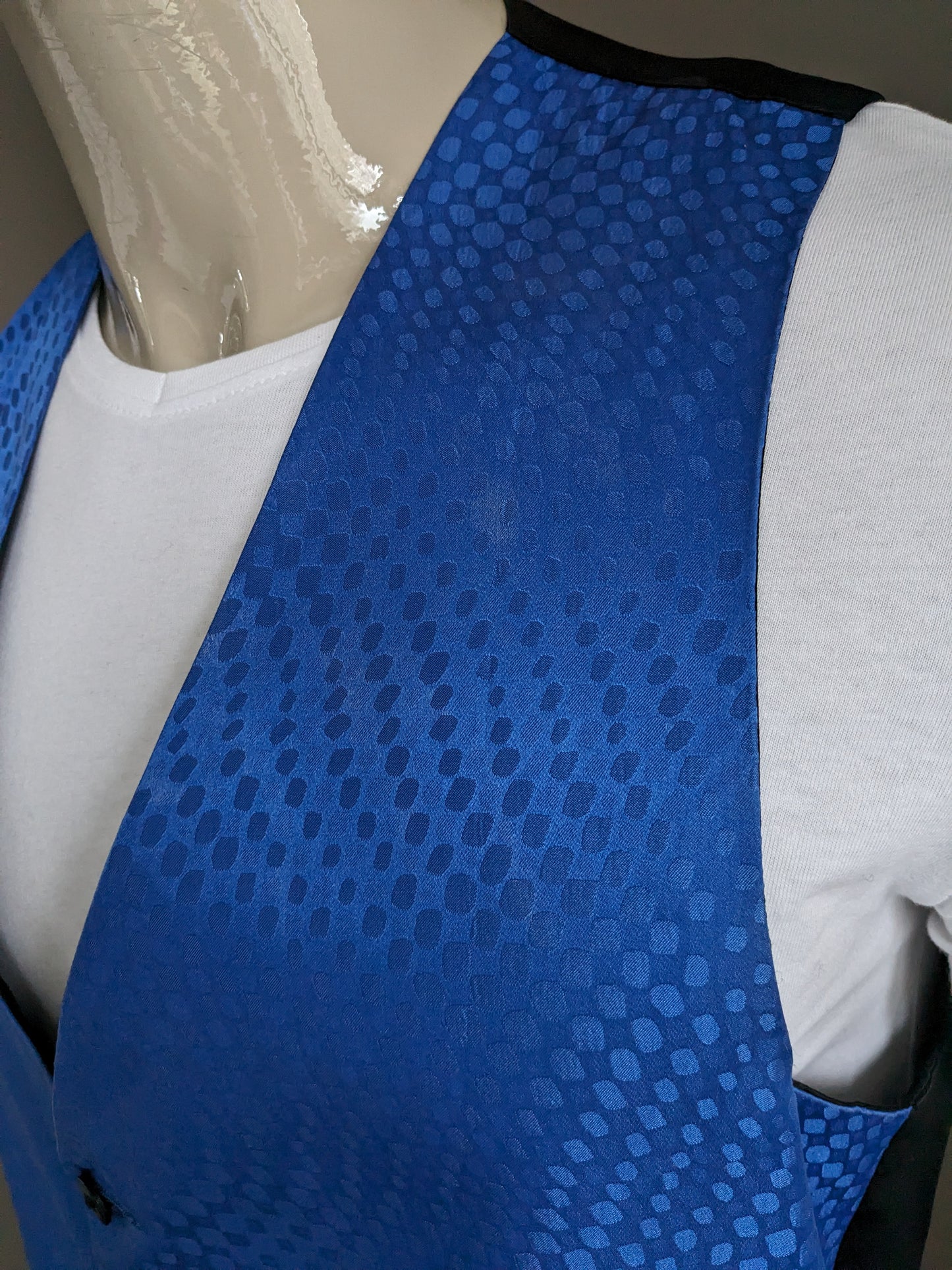 Vintage Angelo Litrico Zijden gilet. Blauw Glanzend motief. Maat L.