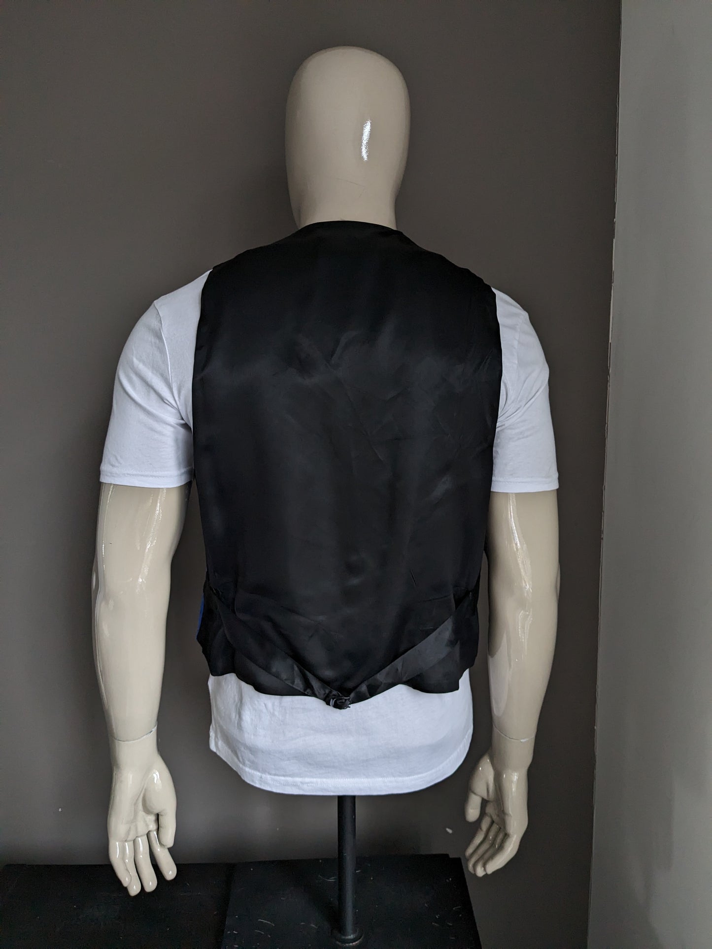 Vintage Angelo Litrico Zijden gilet. Blauw Glanzend motief. Maat L.