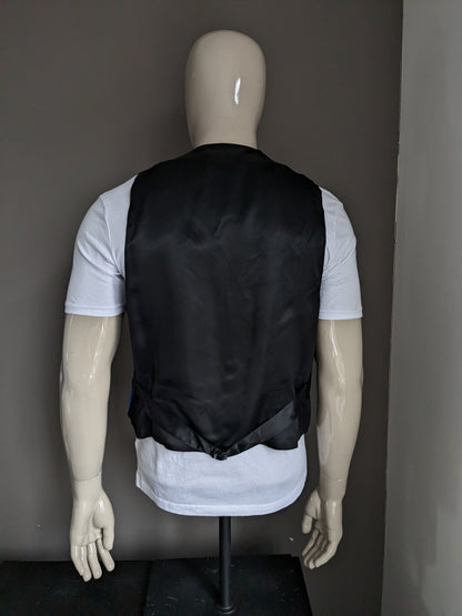 Vintage Angelo Litrico Zijden gilet. Blauw Glanzend motief. Maat L.