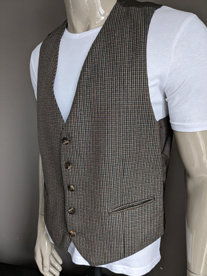 Gilet. Bruin Zwart geruit met Blauw Rood Groen puntjes. Maat L.
