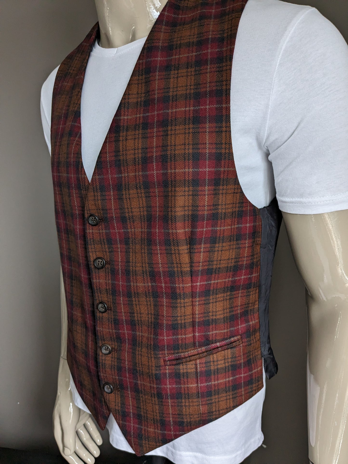 Wool waistcoat. Red Brown Green checked. Size L.