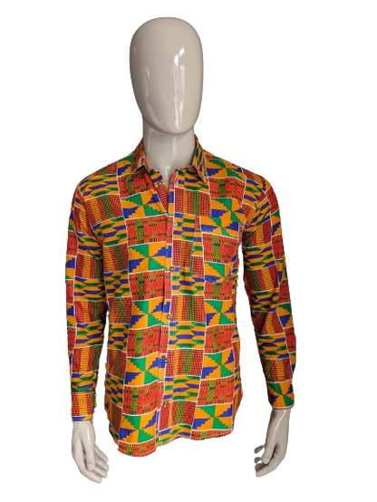 Camisa encerada. Naranja Rojo Azul Verde Estampado africano. Talla M.