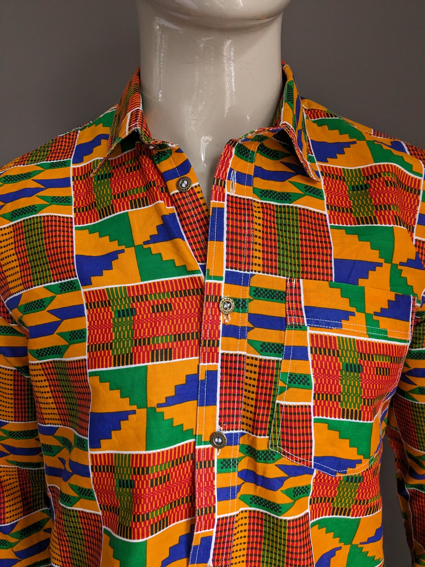 Camisa encerada. Naranja Rojo Azul Verde Estampado africano. Talla M.