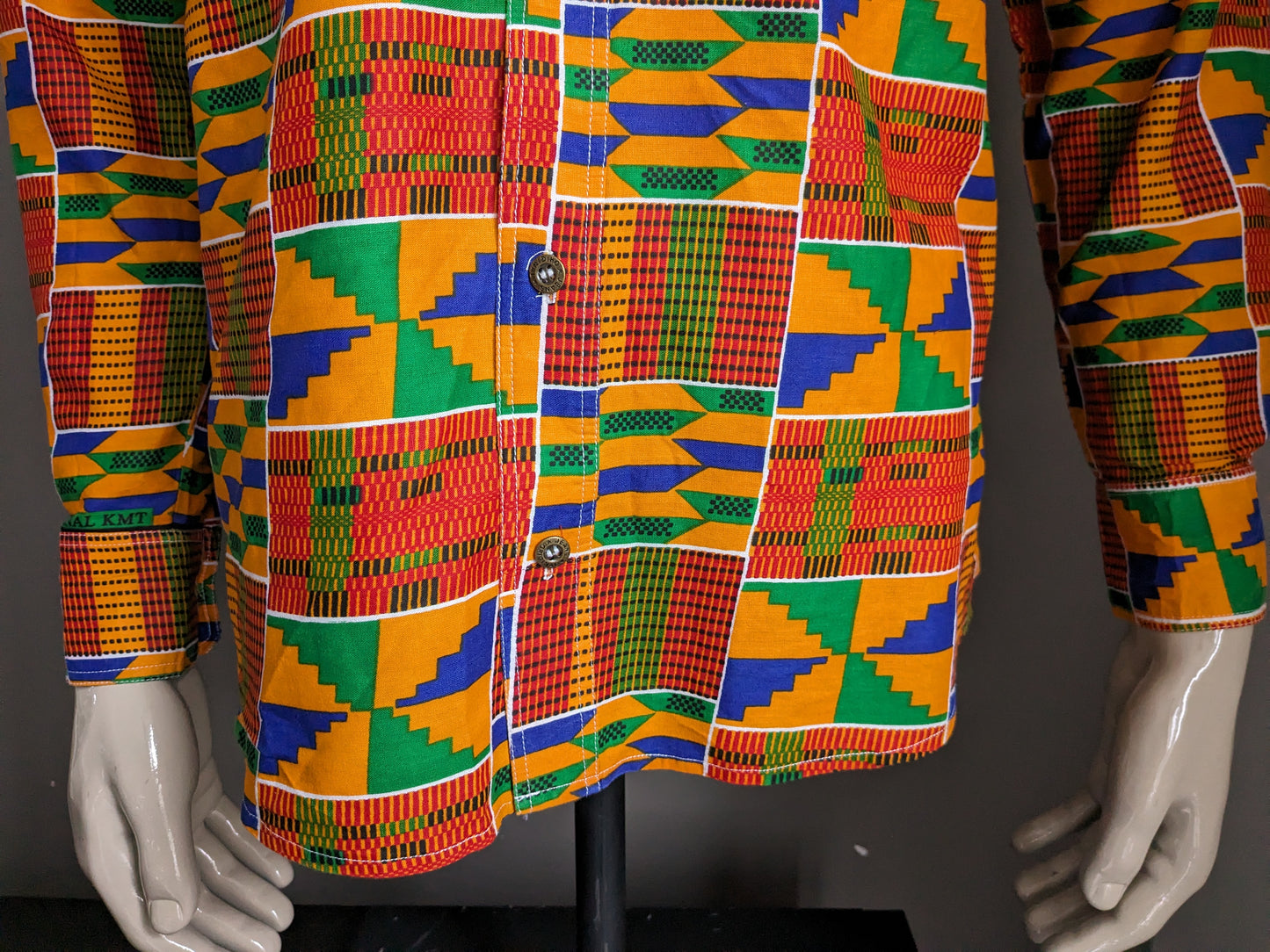 Camisa encerada. Naranja Rojo Azul Verde Estampado africano. Talla M.