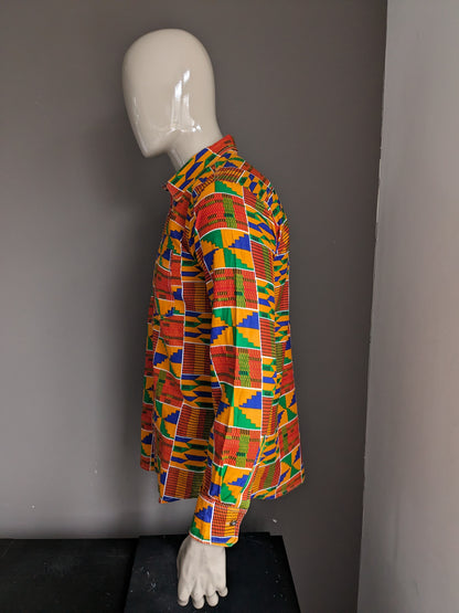 Camisa encerada. Naranja Rojo Azul Verde Estampado africano. Talla M.
