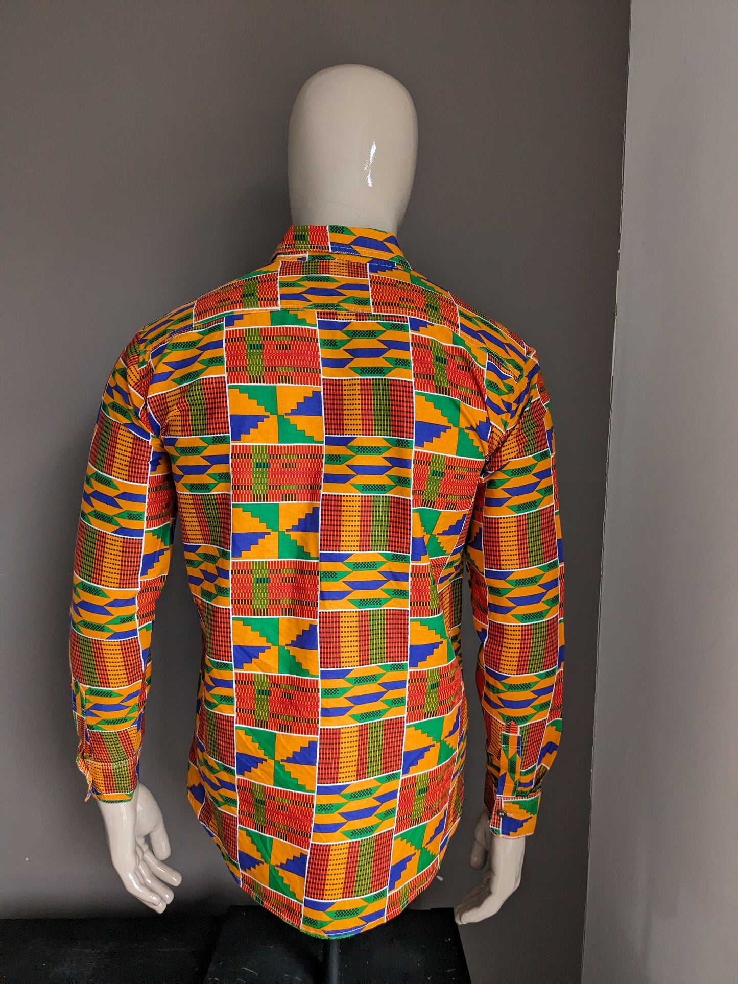 Camisa encerada. Naranja Rojo Azul Verde Estampado africano. Talla M.