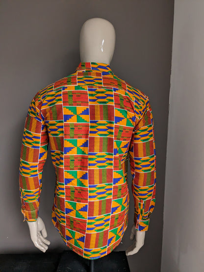 Camisa encerada. Naranja Rojo Azul Verde Estampado africano. Talla M.