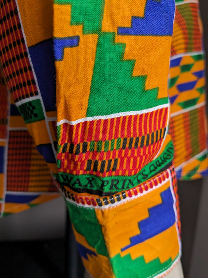 Camisa encerada. Naranja Rojo Azul Verde Estampado africano. Talla M.
