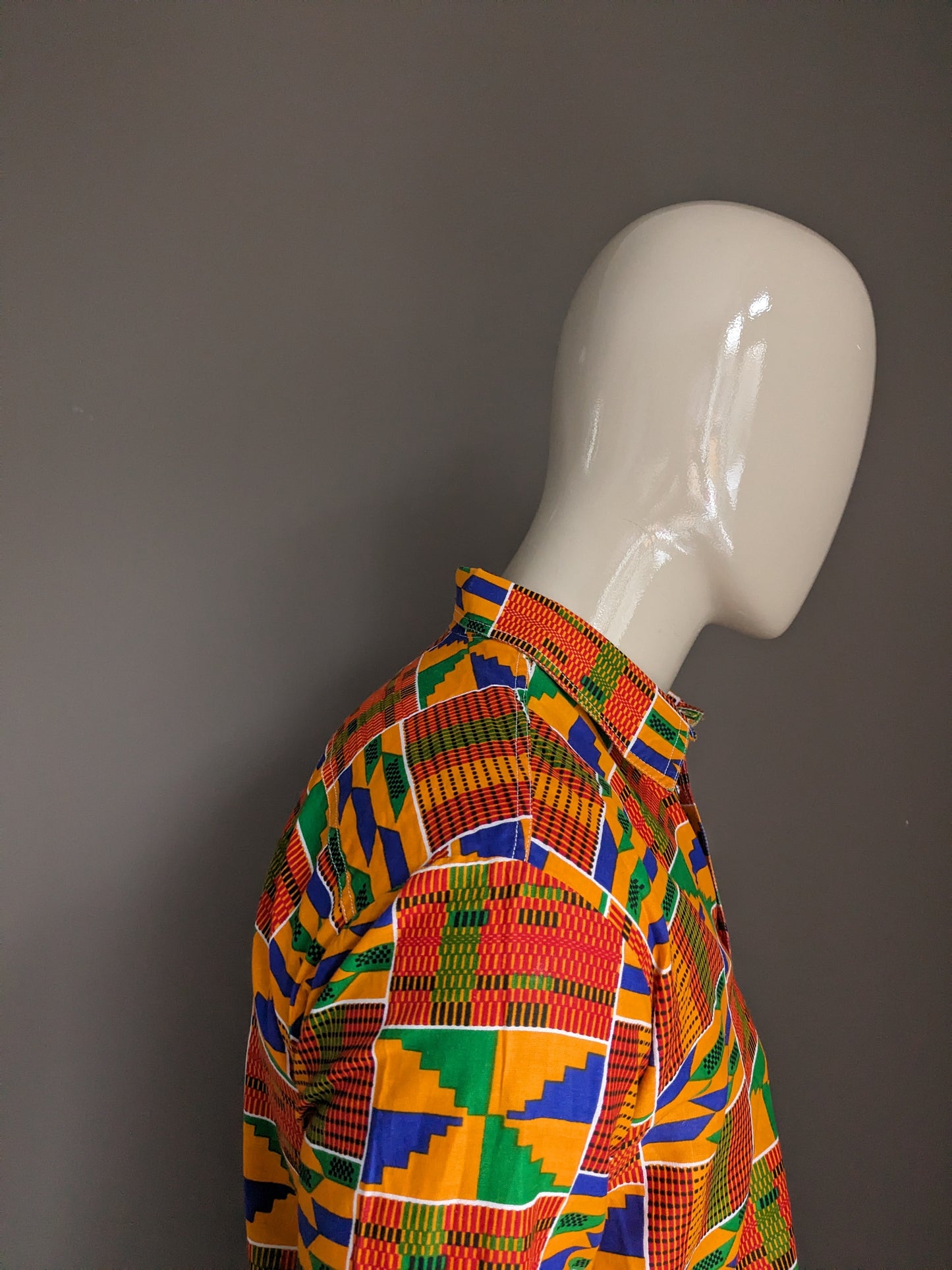 Camisa encerada. Naranja Rojo Azul Verde Estampado africano. Talla M.