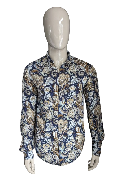 Smog overhemd. Blauw Beige Bruine print. Maat S. Slim Fit.